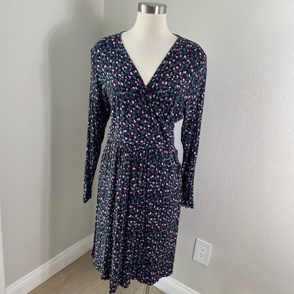 Boden Womens 16/18 Faux Wrap Jersey Dress Abstract Print Pockets Long Sleeve